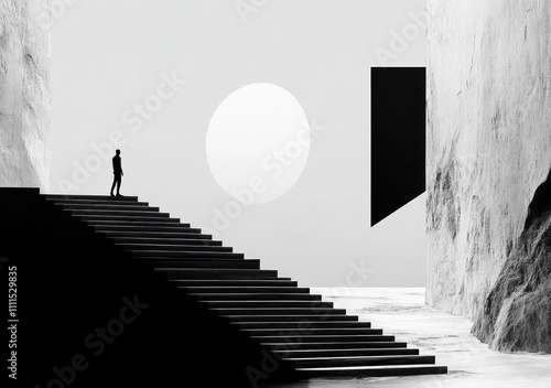 Black and White Icon of Person Climbing Stairs Towards Target