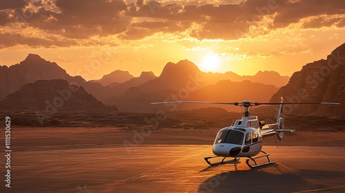 A helicopter sits on a landing pad in the desert at sunset. photo