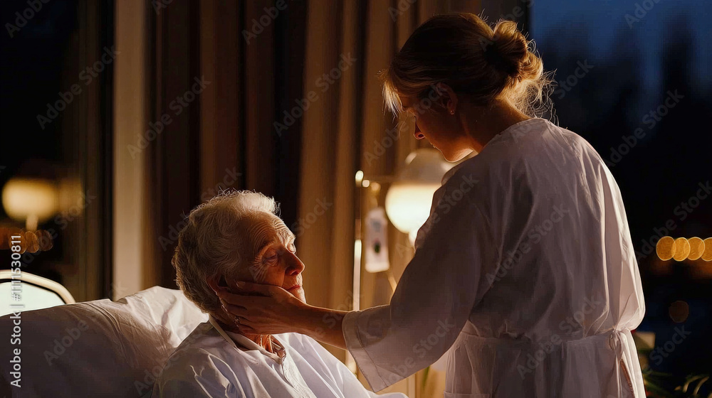 Obraz premium Nurse gently caring for elderly patient at night