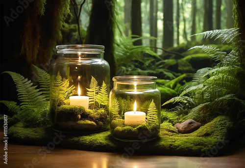 Glass Jar Floating Candles Tranquil Forest Lush Green Ferns Soft Lighting Moody Atmospheric Highly Detailed Realistic Nature