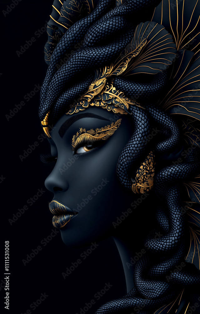 A woman with gold accents on her face and hair. She has a snake headpiece. The woman is wearing gold and black A woman with gold accents on her face and hair. She has a snake headpiece. The woman is wearing gold and black