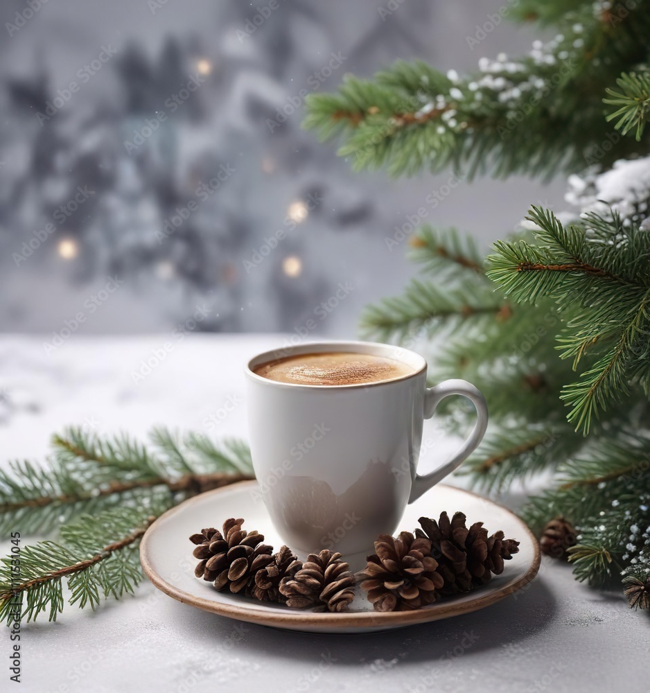 Elegant arrangement of fir branches, cones, and a cup of coffee against a snowy Christmas backdrop, conifers, wrapping paper Elegant arrangement of fir branches, cones, and a cup of coffee against a snowy Christmas backdrop, conifers, wrapping paper