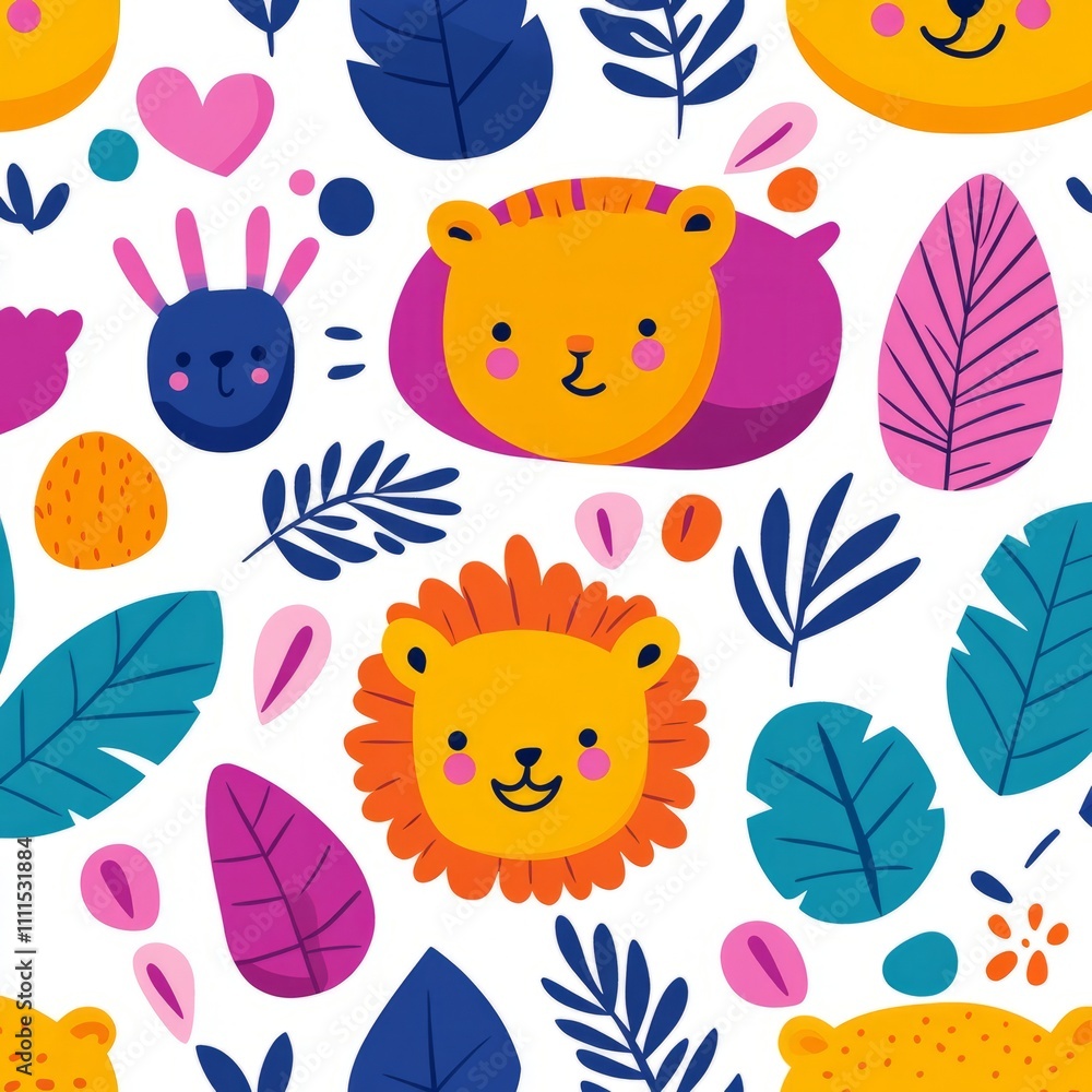 Seamless pattern with cute cartoon lion, tiger, bunny faces and tropical leaves. Seamless pattern with cute cartoon lion, tiger, bunny faces and tropical leaves.