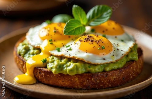 Toast with guacamole and fried eggs, image for restaurant menu, macro photo