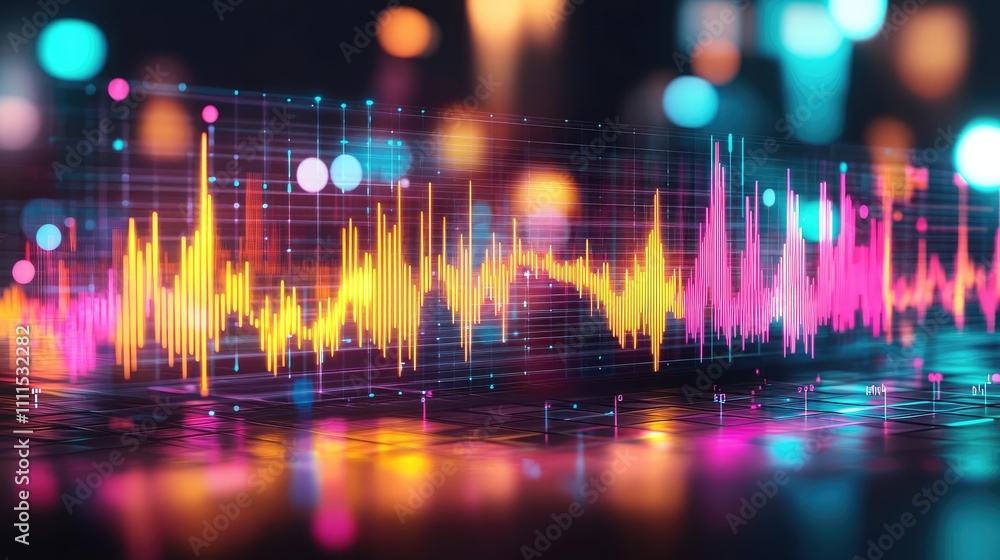 Colorful sound wave visualization on digital interface with blurred lights. Colorful sound wave visualization on digital interface with blurred lights.
