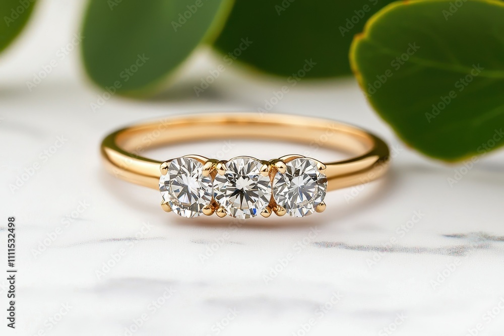Elegant Three Stone Diamond Engagement Ring on Marble Elegant Three Stone Diamond Engagement Ring on Marble