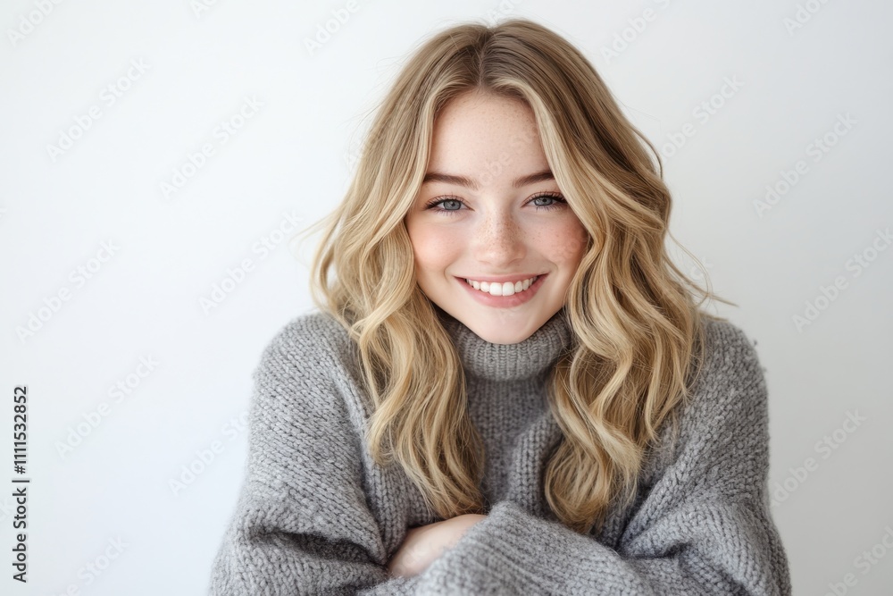Portrait young woman blonde wavy hair bright smile casual grey sweater arms crossed studio lighting Portrait young woman blonde wavy hair bright smile casual grey sweater arms crossed studio lighting