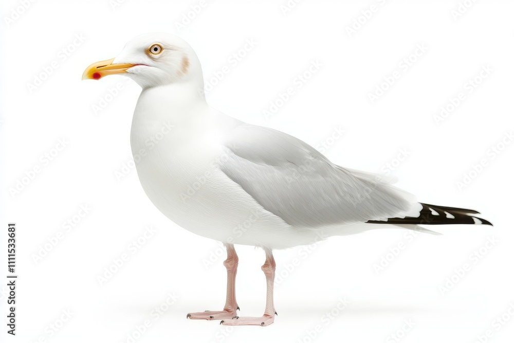 Seagull white feathers yellow beak orange eye detailed plumage standing pose side view Seagull white feathers yellow beak orange eye detailed plumage standing pose side view
