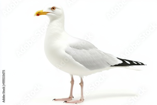 Seagull white feathers yellow beak orange eye detailed plumage standing pose side view