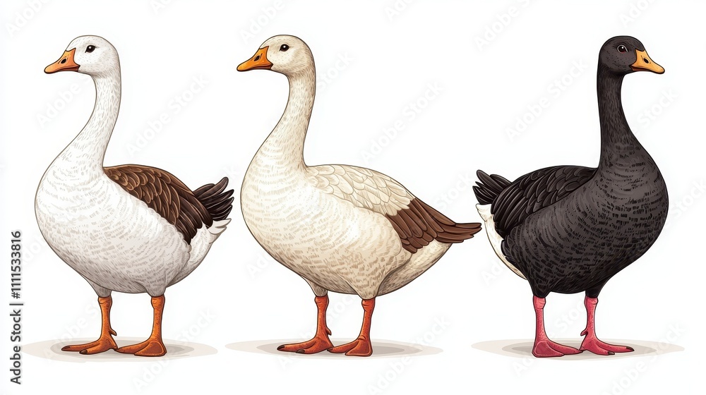 Three Colorful Geese Illustration Farm Animals Poultry Birds White Background Cute Detailed High Three Colorful Geese Illustration Farm Animals Poultry Birds White Background Cute Detailed High