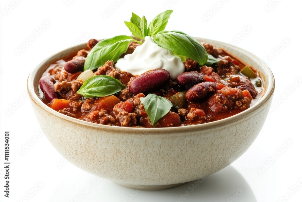 Spicy chili bowl with basil and sour cream isolated on a white background Spicy chili bowl with basil and sour cream isolated on a white background