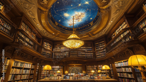 Luxurious circular library interior with ornate wooden bookshelves, a celestial dome, and a grand chandelier.