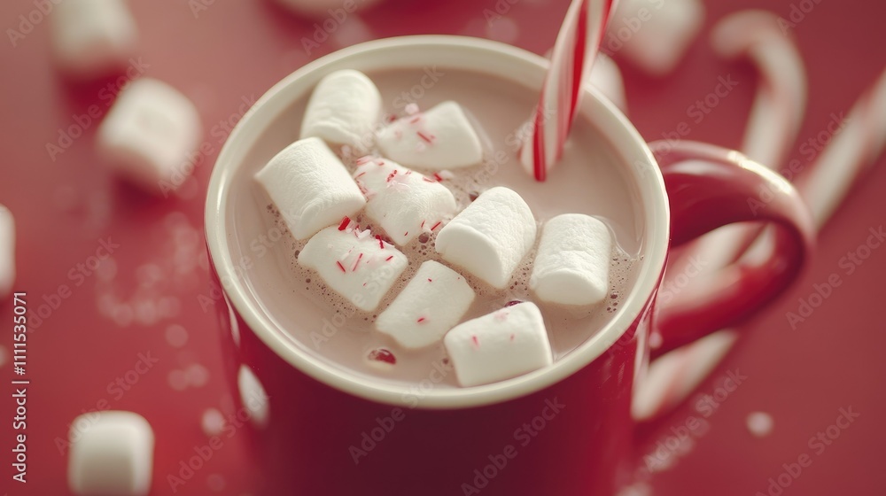 A cozy mug of hot chocolate topped with marshmallows and a candy cane on a festive background. A cozy mug of hot chocolate topped with marshmallows and a candy cane on a festive background.