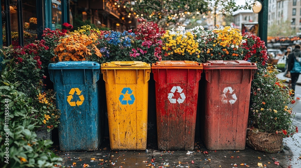 Colorful recycling bins surrounded by vibrant flowers celebrate Earth Day in a bustling urban setting Colorful recycling bins surrounded by vibrant flowers celebrate Earth Day in a bustling urban setting