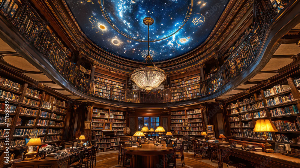 Obraz premium Grand circular library with celestial dome, bookshelves, and reading desks.