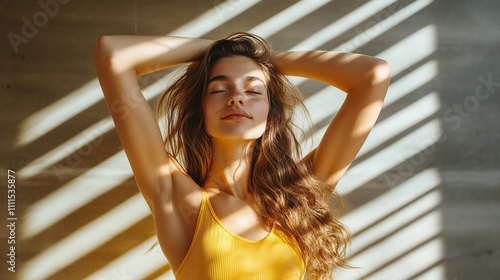 portrait of a woman showing armpit, beauty treatment photo