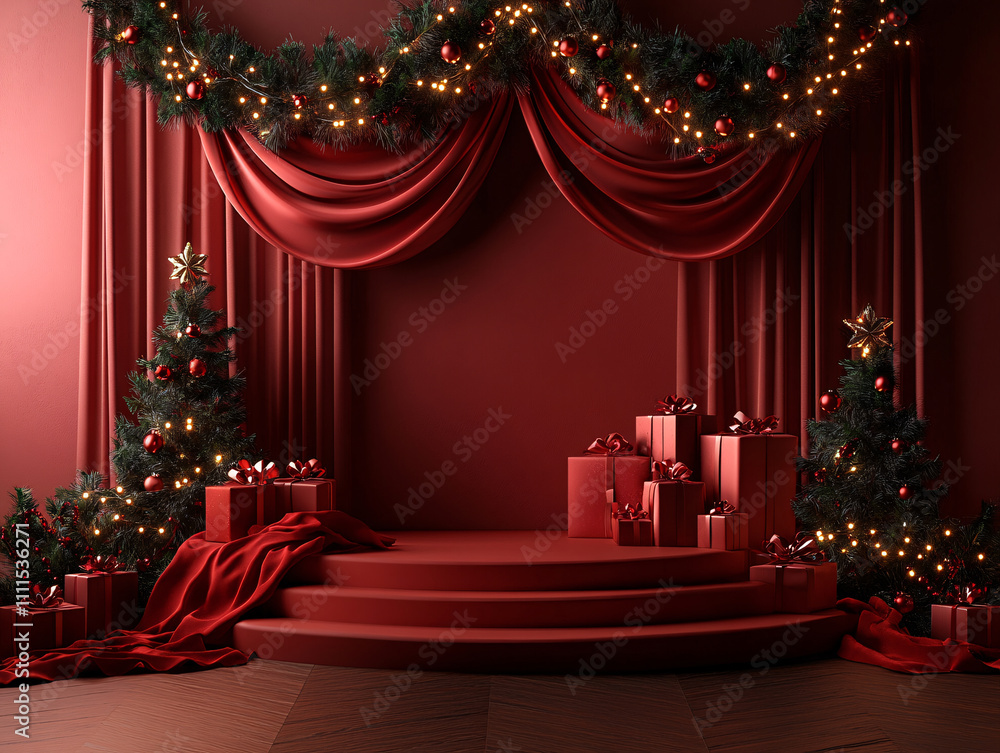 a christmas scene with a draped red cloth, and several wrapped gift boxes with red ribbons and bows. The background is a solid red wall a christmas scene with a draped red cloth, and several wrapped gift boxes with red ribbons and bows. The background is a solid red wall