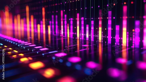 Colorful sound wave visualizer on black background with vibrant lights.