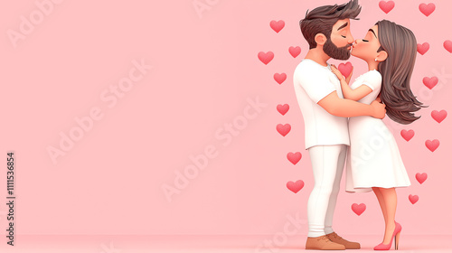 A cartoon couple kissing with hearts surrounding them. The man is wearing a white shirt and the woman is wearing a white dress