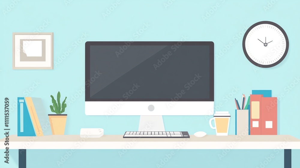 A flat illustration of a clean desk with a computer, a clock, a potted plant, and office supplies. A flat illustration of a clean desk with a computer, a clock, a potted plant, and office supplies.