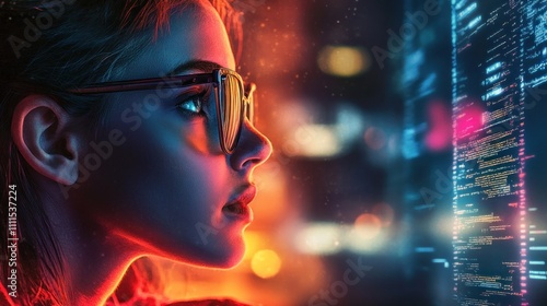 Profile of a woman with glasses focused on digital data