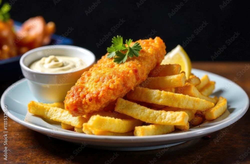 A plate of crispy fish and chips. Tartar sauce, lemon wedge A plate of crispy fish and chips. Tartar sauce, lemon wedge