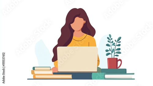 A woman is sitting on a book and using a laptop.