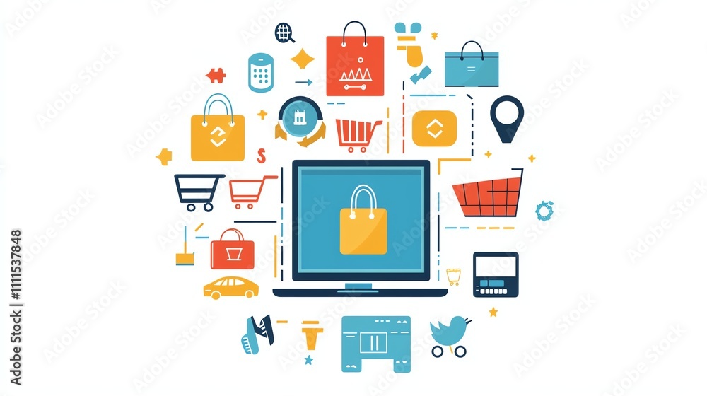 A laptop with shopping icons and a woman shopping online. A laptop with shopping icons and a woman shopping online.