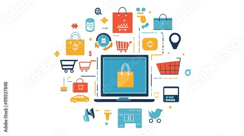 Wallpaper Mural A laptop with shopping icons and a woman shopping online. Torontodigital.ca