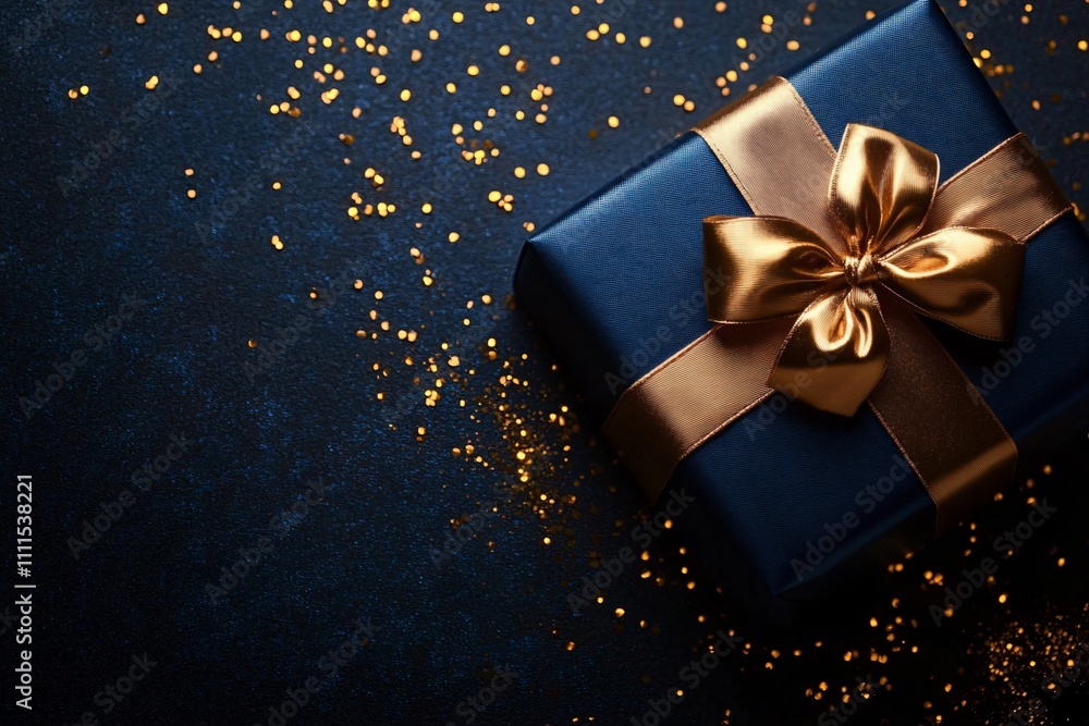 Luxurious blue gift box with a golden ribbon, set in a festive atmosphere. Ideal for celebrations, Christmas, weddings, and special occasions with ample copy space. Luxurious blue gift box with a golden ribbon, set in a festive atmosphere. Ideal for celebrations, Christmas, weddings, and special occasions with ample copy space.