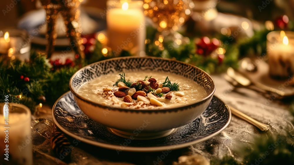 A festive bowl of creamy soup garnished with almonds, set in a cozy, decorated dining atmosphere. A festive bowl of creamy soup garnished with almonds, set in a cozy, decorated dining atmosphere.