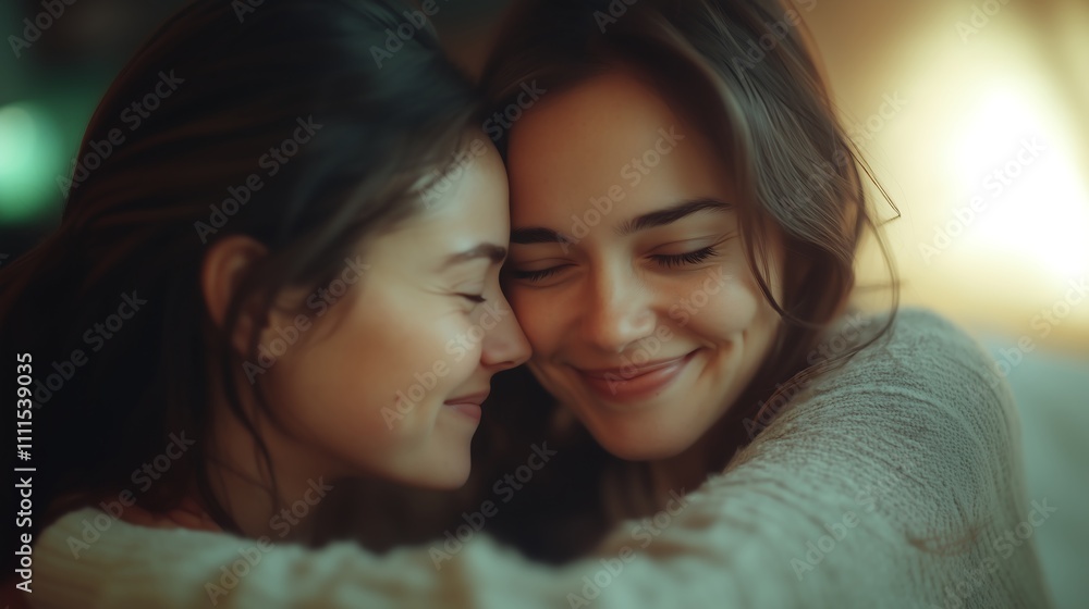 The image of two women embracing each other with happy faces conveys the joy and warmth of their relationship. The image of two women embracing each other with happy faces conveys the joy and warmth of their relationship.