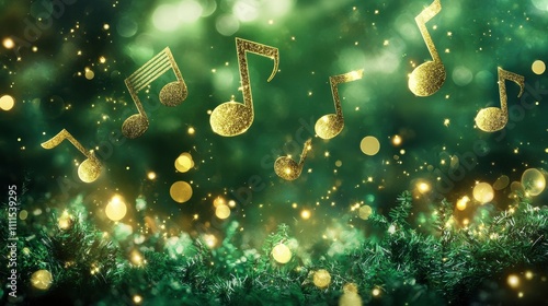 Magical golden music notes swirl in a green Christmas scene, with soft bokeh lights and sparkling stars creating a whimsical, musical holiday ambiance