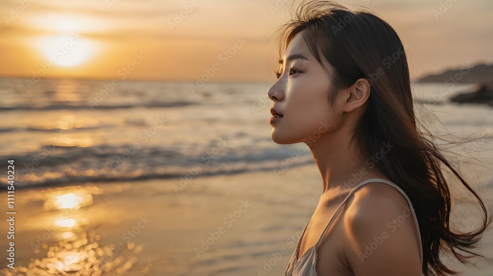 Side view of young asian woman with freedom on the sea beach at golden sunset, Female tourist on seaside summer vacation Side view of young asian woman with freedom on the sea beach at golden sunset, Female tourist on seaside summer vacation