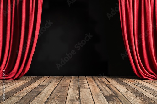 A theater stage with a red curtain  seats and a spotlight.