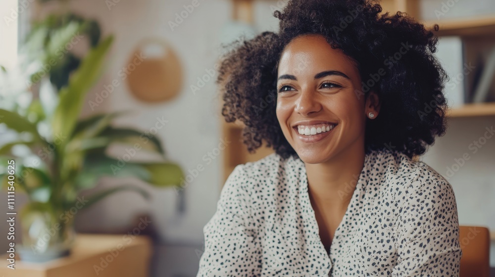 Smiling woman with curly hair working in office environment Smiling woman with curly hair working in office environment