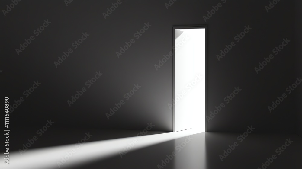 A door in a dark room is open, revealing bright light behind it. A door in a dark room is open, revealing bright light behind it.