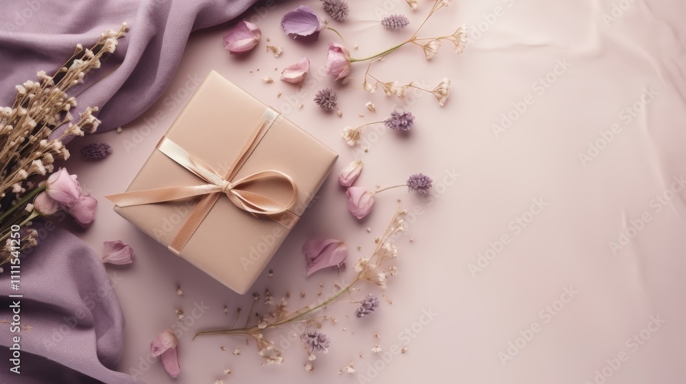 Elegant gift box wrapped in soft ribbon surrounded by delicate flowers and fabric creating a serene and romantic atmosphere for special occasions Elegant gift box wrapped in soft ribbon surrounded by delicate flowers and fabric creating a serene and romantic atmosphere for special occasions