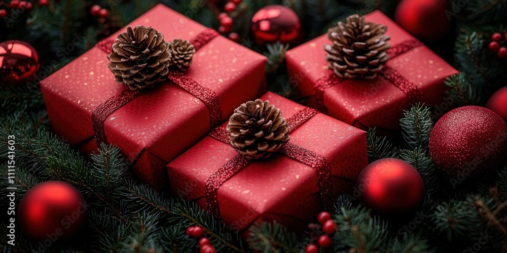 Christmas gift boxes with red ornaments and pine branches holiday decoration Christmas gift boxes with red ornaments and pine branches holiday decoration