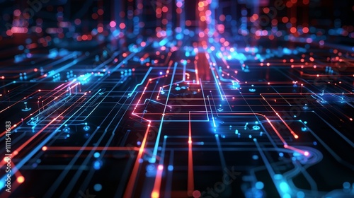 Complex network of interconnected circuits transmitting data  symbolizing the intricate web of information exchange in the digital age