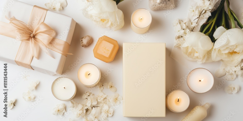 Elegant Arrangement of White Flowers, Candles, and Gift Boxes for Spa or Relaxation Theme, Soft Lighting and Minimalist Aesthetic, Calm Atmosphere Elegant Arrangement of White Flowers, Candles, and Gift Boxes for Spa or Relaxation Theme, Soft Lighting and Minimalist Aesthetic, Calm Atmosphere