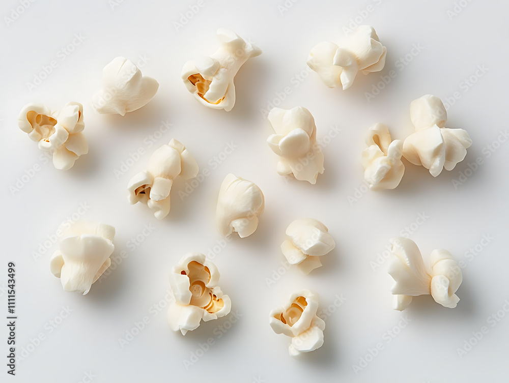 Scattered popcorn on a plain white background, a simple yet appetizing presentation.
Scattered popcorn on a plain white background, a simple yet appetizing presentation.