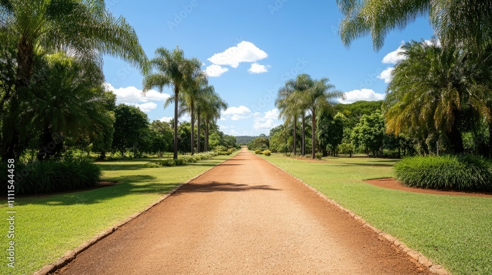 Obraz premium Lush urban park with flourishing palm trees and verdant pathways offers a serene escape from city life