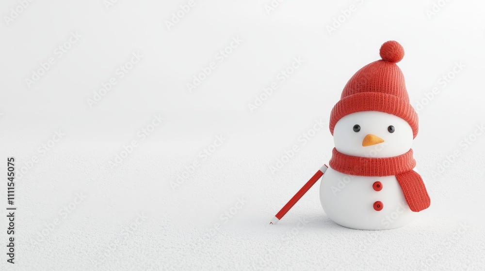 Charming ceramic snowman with bright red hat against soft white background radiates joyful holiday spirit in educational settings Charming ceramic snowman with bright red hat against soft white background radiates joyful holiday spirit in educational settings