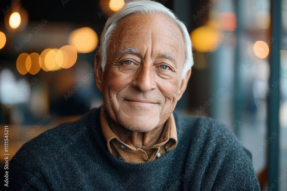 Elderly Man Smiling in Cozy Café with Natural Light on His Face Elderly Man Smiling in Cozy Café with Natural Light on His Face