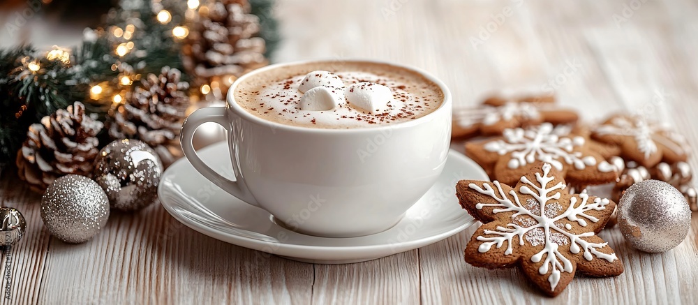 A cozy winter scene featuring a cappuccino and decorated gingerbread cookies, perfect for holiday gatherings, Christmas celebrations, and festive marketing materials. A cozy winter scene featuring a cappuccino and decorated gingerbread cookies, perfect for holiday gatherings, Christmas celebrations, and festive marketing materials.