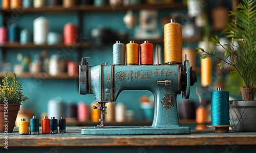 Vintage sewing machine with colorful spools and threads. photo