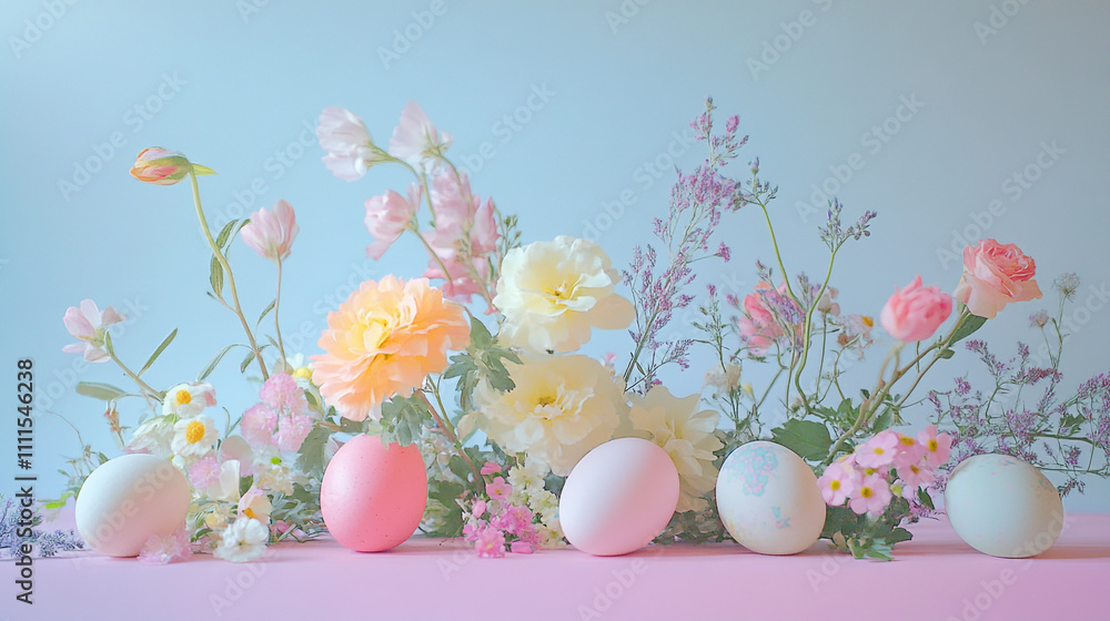 Spring floral arrangement with pastel eggs on a pink surface in a bright setting Spring floral arrangement with pastel eggs on a pink surface in a bright setting