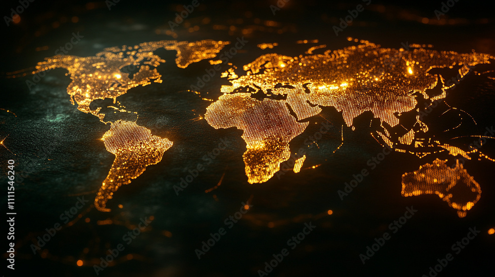 Illuminated world map showcasing global connections and urban areas at night Illuminated world map showcasing global connections and urban areas at night