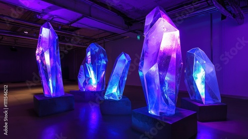 LED-lit geometric sculptures in neon blue and purple creating a futuristic atmosphere photo